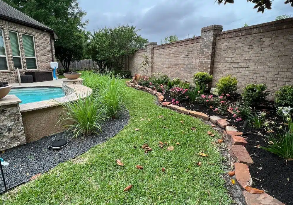 backyard winter lawn maintenance with leaves on green lawn and pool nearby