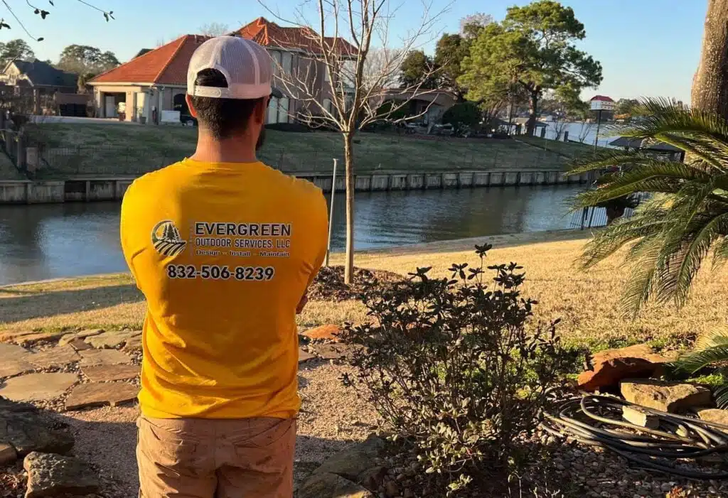 Evergreen Outdoor Services team member looking over a waterfront yard during lawn dormancy in Houston