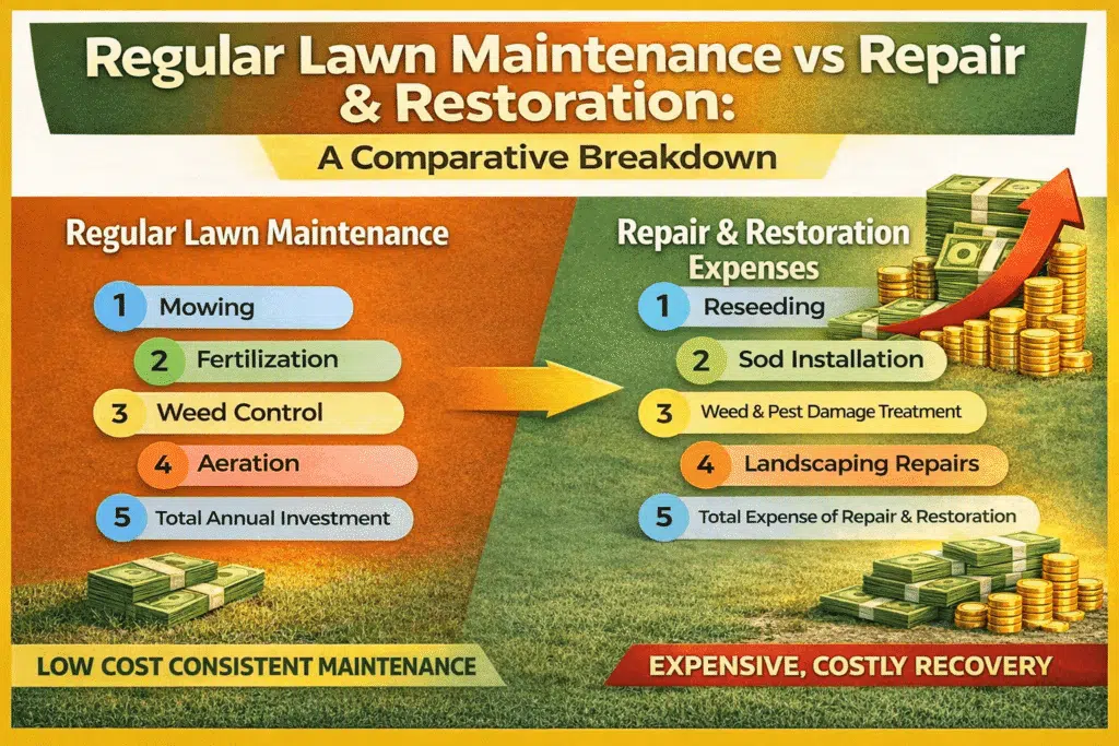 Infographic comparing regular lawn maintenance costs—such as mowing, fertilization, weed control, and aeration—with higher repair and restoration expenses like reseeding, sod installation, pest damage treatment, and landscaping repairs, illustrating how preventative care costs far less than recovery.