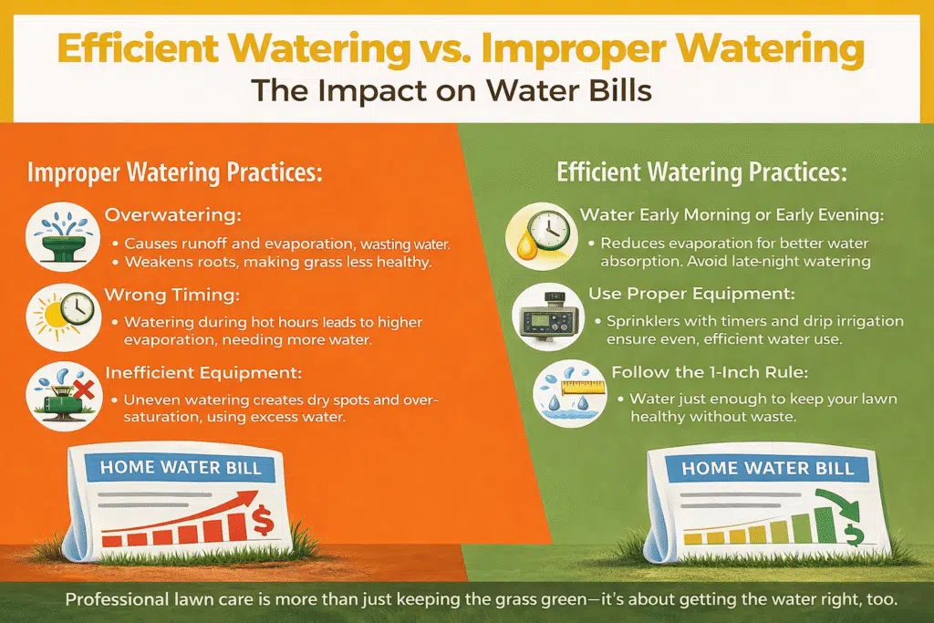 Infographic comparing improper lawn watering practices that waste water and increase bills with efficient watering methods, including early morning or early evening watering to improve absorption and reduce disease risk.
