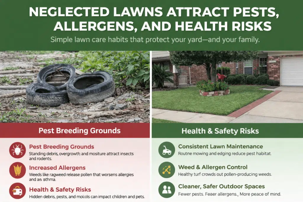 Side-by-side comparison showing a neglected lawn with debris and standing moisture that attracts pests and allergens versus a well-maintained Houston lawn that supports a cleaner, healthier outdoor environment.