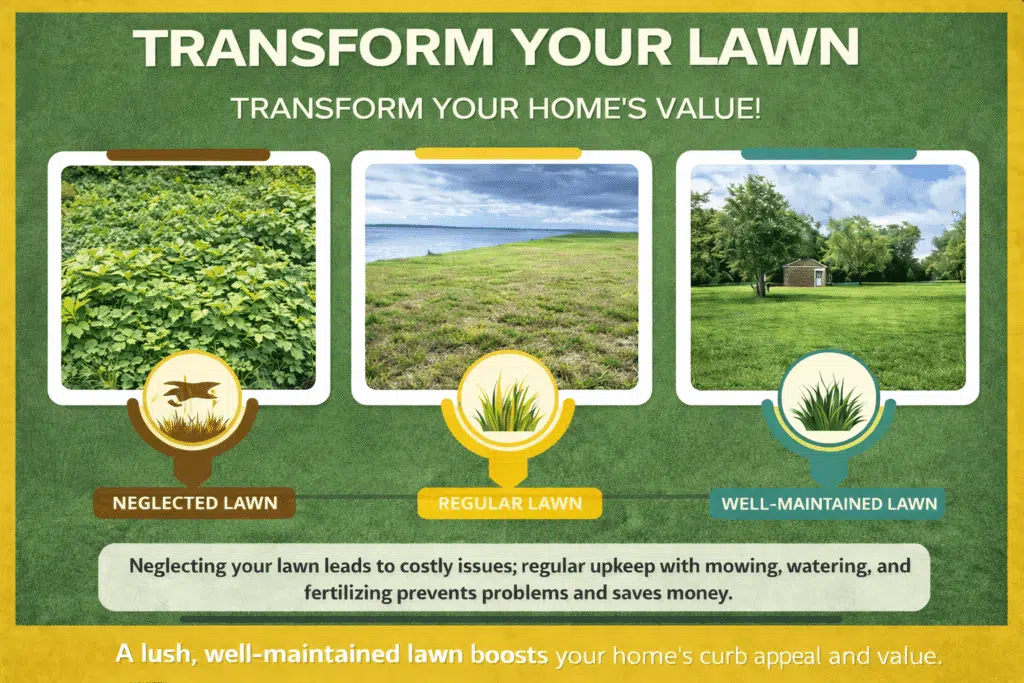 Infographic comparing three lawn conditions—regular lawn with slightly yellowing grass, well-maintained lawn with dense healthy turf, and a neglected lawn with weeds—showing how consistent maintenance improves curb appeal and home value.