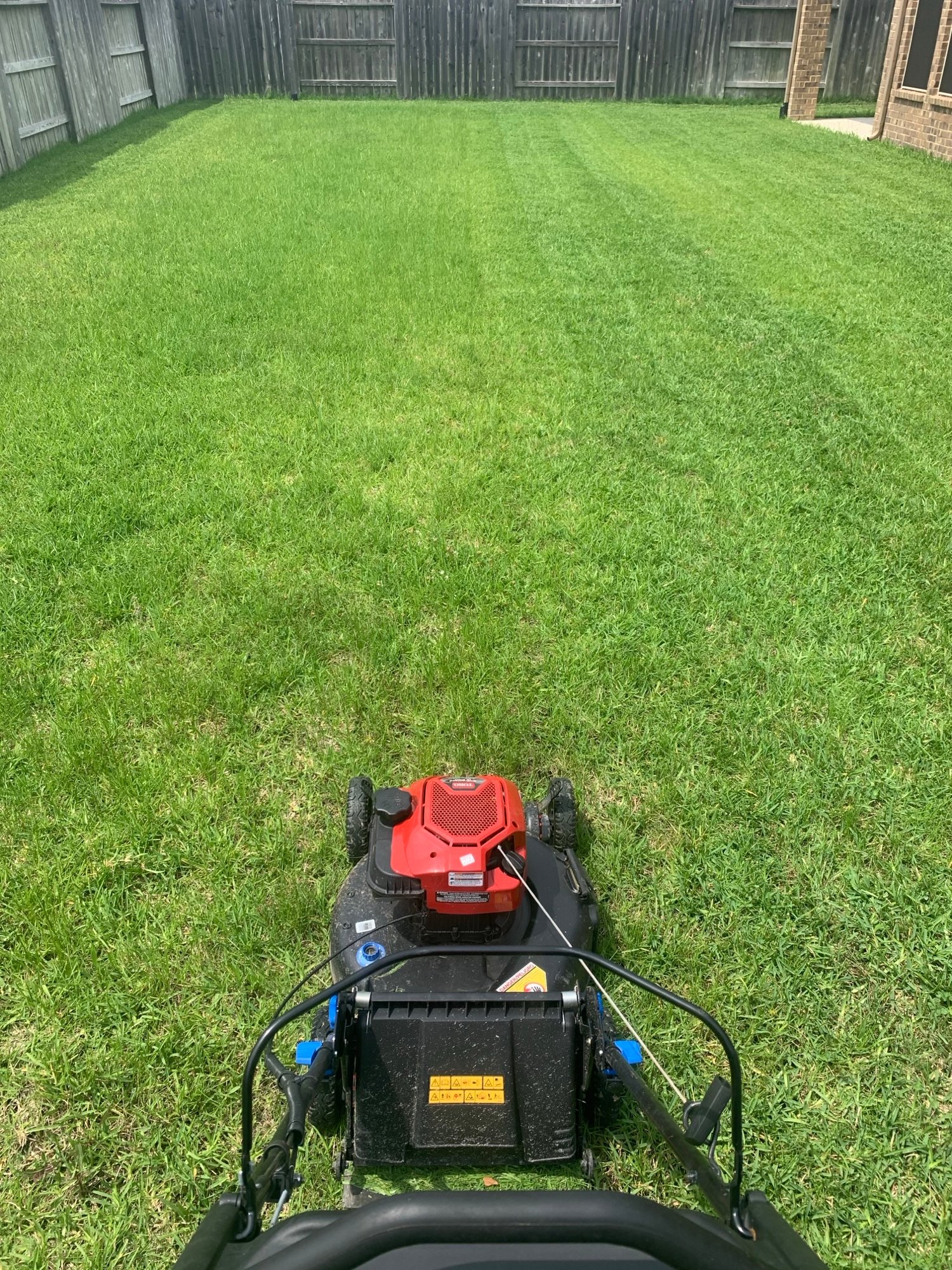 Push mower in action, trimming grass evenly for a clean, well-maintained lawn in Waters Edge on Lake Houston neighborhood