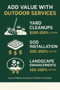 Infographic showing how landscaping adds property value in Houston, featuring three high-ROI services: yard cleanups (100–150% ROI), sod installation (200–250% ROI), and landscape enhancements (150–200% ROI). Designed in Evergreen Outdoor Services brand colors of green, gold, silver, and white with icons and dollar signs representing financial impact.
