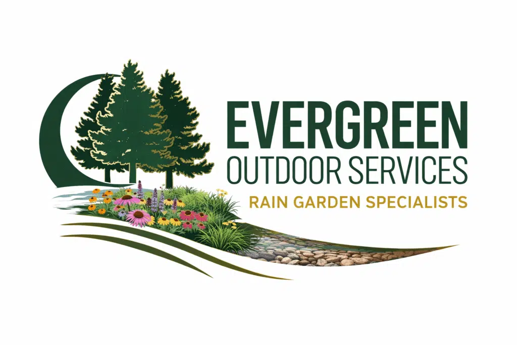 Evergreen Outdoor Services logo featuring native plants and flowing water elements, representing sustainable landscaping and rain garden design.