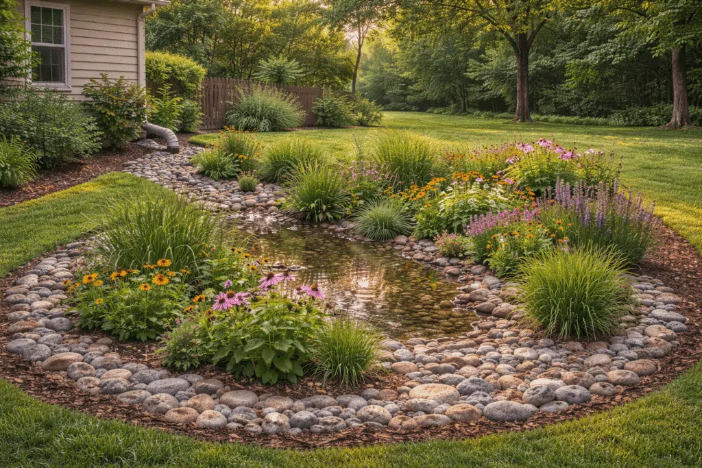 Rain garden installed in a residential yard, featuring a shallow stone-lined basin with native plants and grasses designed to capture and slowly absorb stormwater runoff from a home.