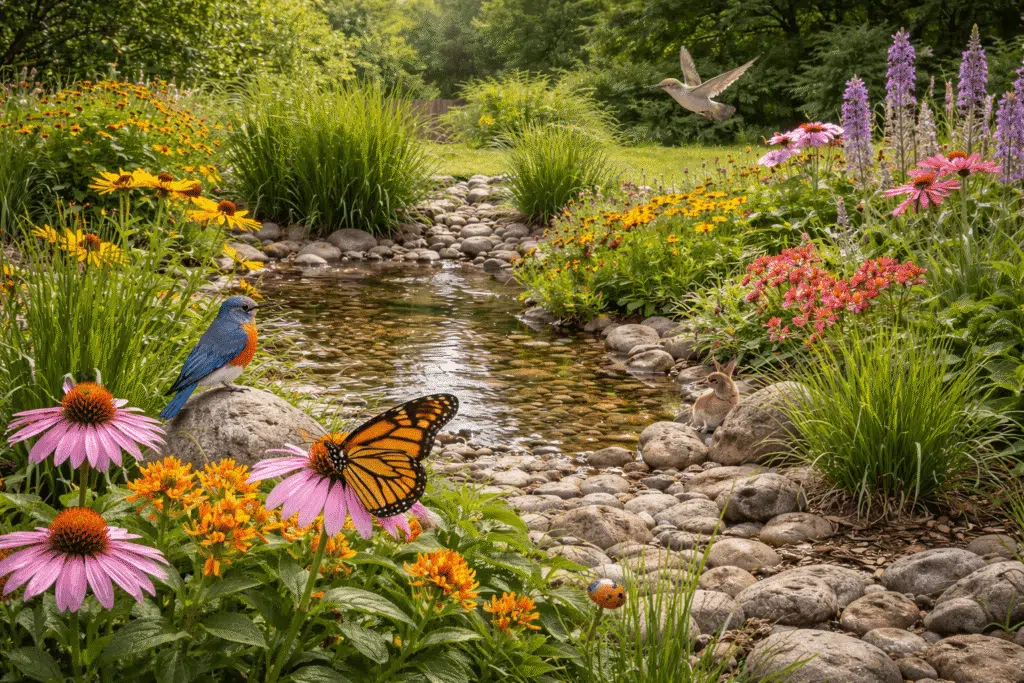 Rain garden planted with native flowers and grasses, attracting butterflies, birds, and other beneficial wildlife while naturally filtering stormwater runoff.