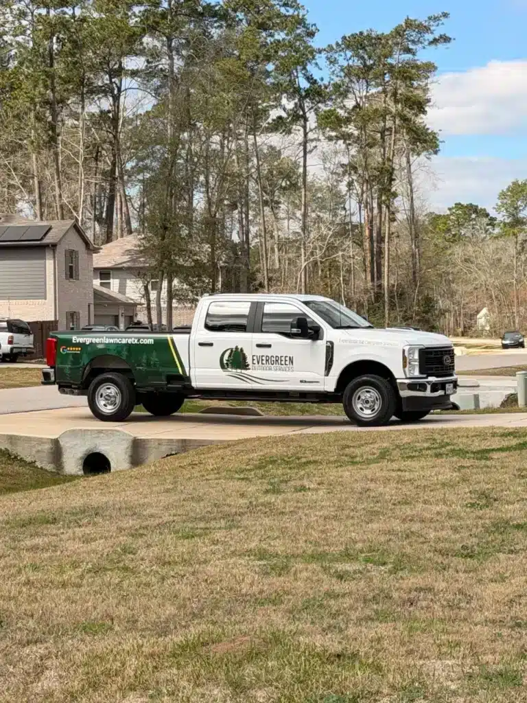 Evergreen Outdoor Services branded Ford Super Duty truck parked in a residential neighborhood, with evergreenlawncaretx.com logo and wrap visible providing a tree estimate.