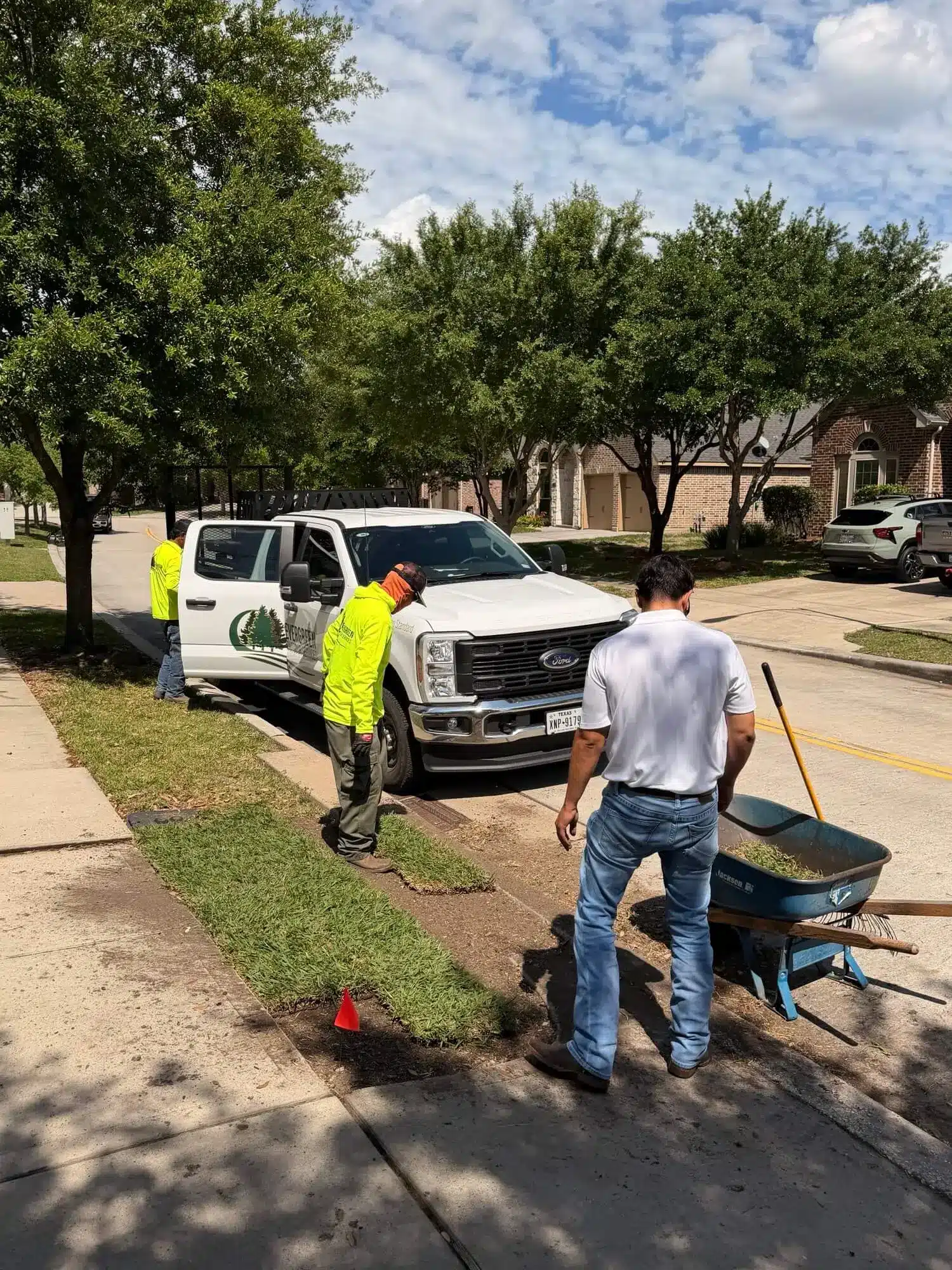 Fresh sod being installed in a Houston front lawn by Evergreen Outdoor Services