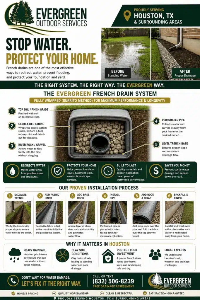 Houston French drain system infographic by Evergreen Outdoor Services showing proper drainage installation, burrito wrap method, and yard flooding before and after results.